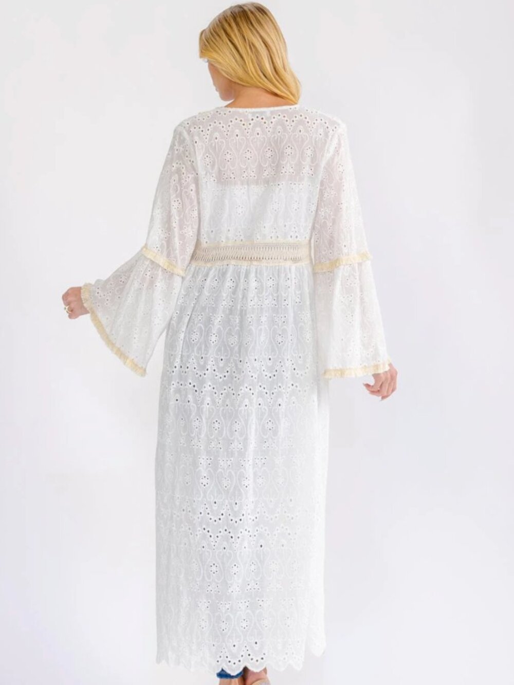 Boho Beach cardigan White Eyelet Tassel Duster size S-M-L - Picture 3 of 4